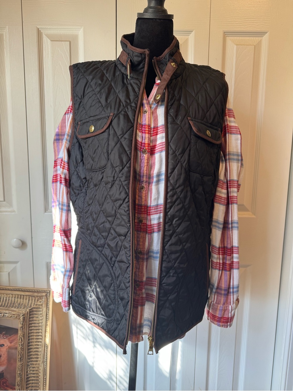 Banana Republic Black Quilted Vest with Brown Trim